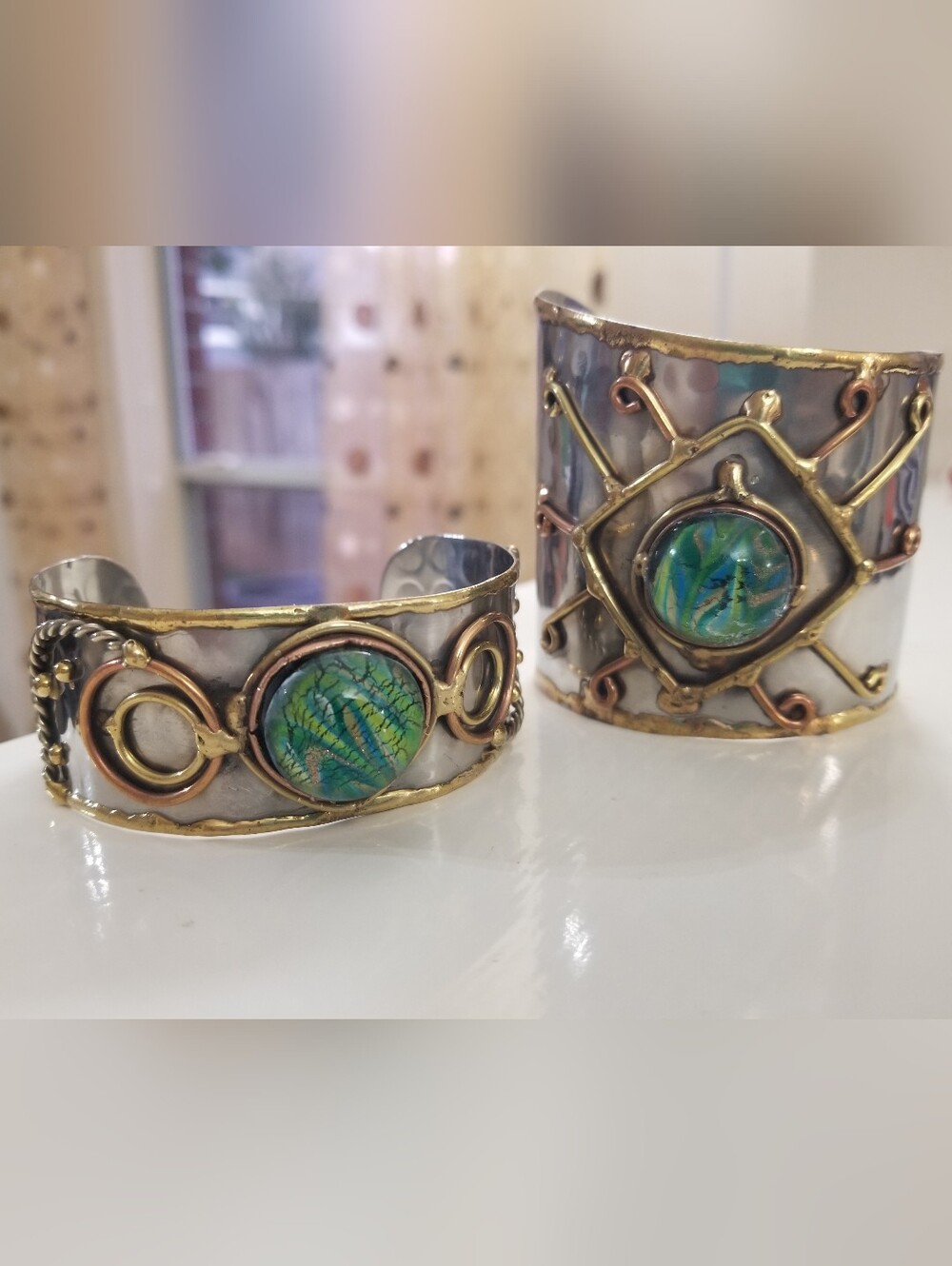 Brutalist Bracelets Multi Media Copper brass Details Glass Stone 2 Pcs
